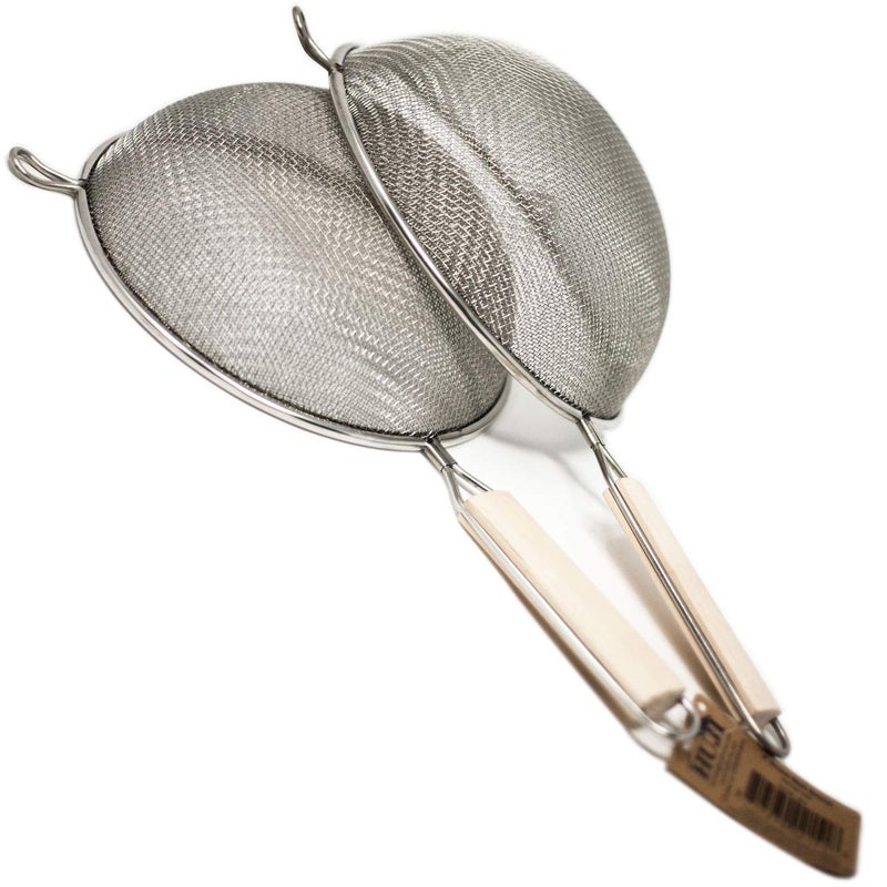 Huji Stainless Steel Fine 8" Double Mesh Food Strainer Colander Sieve Sifter with Wooden Handle for Kitchen Rice Pasta Noodles (2 Pack) - Image 4